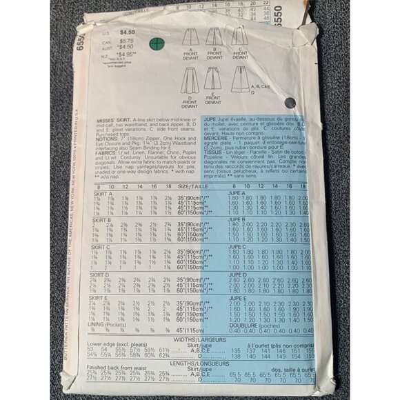 Butterick 6550 Misses' A-Line Skirt Pattern Sizes 14-18 Vintage Sewing Pattern - Picture 2 of 2
